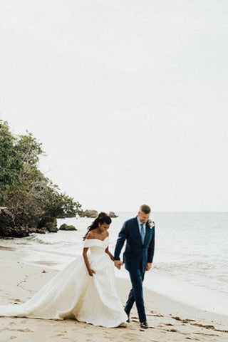 White Long Ball Gown Off The Shoulder Satin Wedding Dress