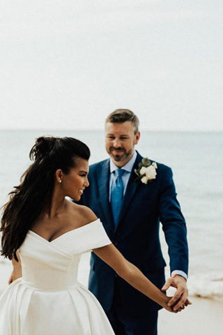 White Long Ball Gown Off The Shoulder Satin Wedding Dress