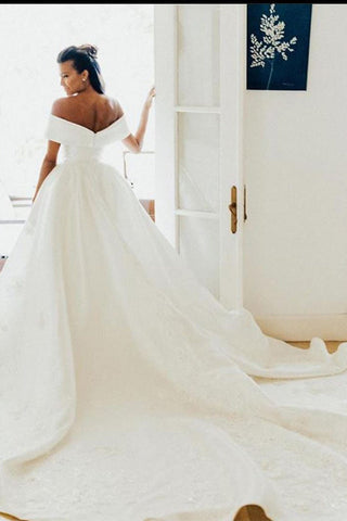 White Long Ball Gown Off The Shoulder Satin Wedding Dress