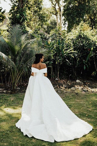 White Long Ball Gown Off The Shoulder Satin Wedding Dress