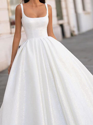 White Long Ball Gown Scoop Neck Court Train Satin Wedding Dresses