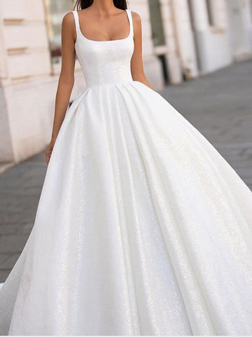 White Long Ball Gown Scoop Neck Court Train Satin Wedding Dresses