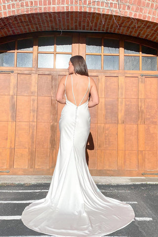 White Long Mermaid Spaghetti Straps Sweetheart Open Back Satin Wedding Dress