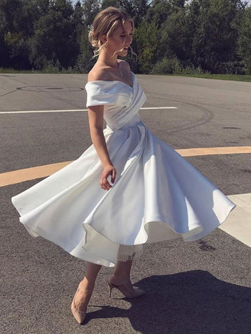 White Short A-line Off the Shoulder Tea Length Satin Wedding Dresses