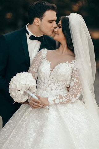 White Sweetheart A-line Long Sleeves Wedding Dress With Lace