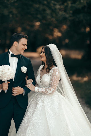 White Sweetheart A-line Long Sleeves Wedding Dress With Lace