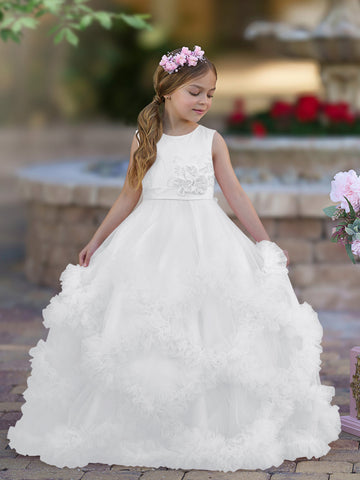 A-line Satin Tulle Floor-length Cascading Ruffles Flower Girl Dress