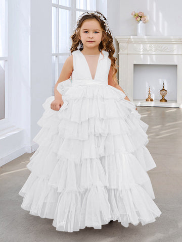 Ball-Gown/Princess Pearl Pink Sleeveless Tulle Bow Flower Girl Dress (010220814)