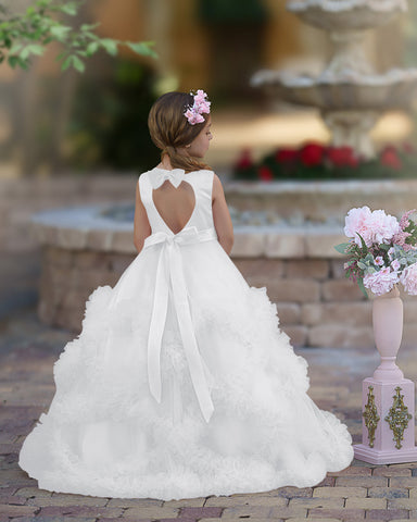 A-line Satin Tulle Floor-length Cascading Ruffles Flower Girl Dress