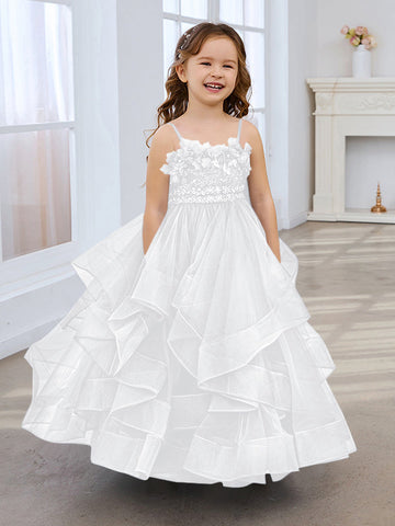 Slate Blue A-Line Princess Sleeveless Tulle Flower Girl Dress