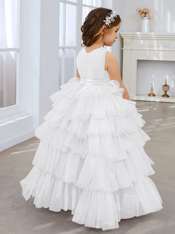 Ball-Gown/Princess Pearl Pink Sleeveless Tulle Bow Flower Girl Dress (010220814)
