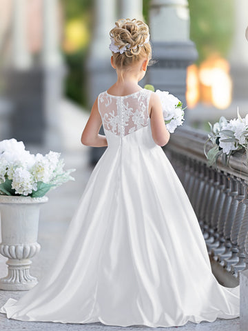 A-line Lace Satin Floor-length First Communion Flower Girl Dress