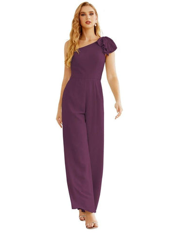 Mono largo de gasa de un solo hombro para mujer, vestido formal de noche, vestido largo de dama de honor, pantalones para fiesta de boda SEA28034 