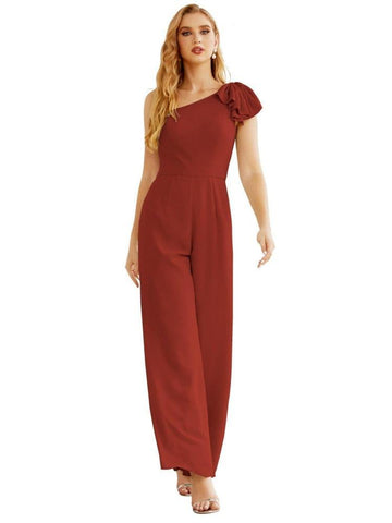 Mono largo de gasa de un solo hombro para mujer, vestido formal de noche, vestido largo de dama de honor, pantalones para fiesta de boda SEA28034 