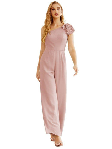 Mono largo de gasa de un solo hombro para mujer, vestido formal de noche, vestido largo de dama de honor, pantalones para fiesta de boda SEA28034 