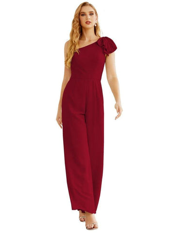 Mono largo de gasa de un solo hombro para mujer, vestido formal de noche, vestido largo de dama de honor, pantalones para fiesta de boda SEA28034 
