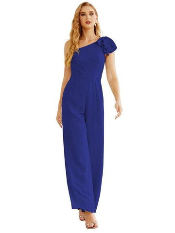 Mono largo de gasa de un solo hombro para mujer, vestido formal de noche, vestido largo de dama de honor, pantalones para fiesta de boda SEA28034 