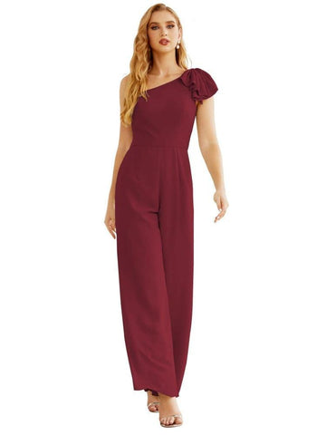 Mono largo de gasa de un solo hombro para mujer, vestido formal de noche, vestido largo de dama de honor, pantalones para fiesta de boda SEA28034 