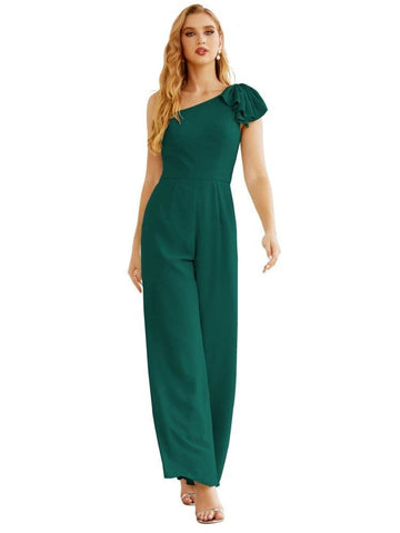 Mono largo de gasa de un solo hombro para mujer, vestido formal de noche, vestido largo de dama de honor, pantalones para fiesta de boda SEA28034 