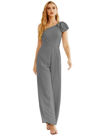 Mono largo de gasa de un solo hombro para mujer, vestido formal de noche, vestido largo de dama de honor, pantalones para fiesta de boda SEA28034 