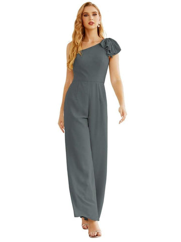 Mono largo de gasa de un solo hombro para mujer, vestido formal de noche, vestido largo de dama de honor, pantalones para fiesta de boda SEA28034 