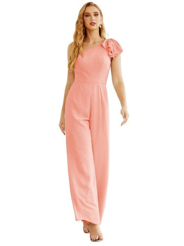 Mono largo de gasa de un solo hombro para mujer, vestido formal de noche, vestido largo de dama de honor, pantalones para fiesta de boda SEA28034 