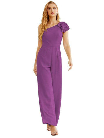 Mono largo de gasa de un solo hombro para mujer, vestido formal de noche, vestido largo de dama de honor, pantalones para fiesta de boda SEA28034 