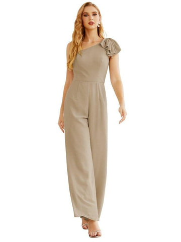 Mono largo de gasa de un solo hombro para mujer, vestido formal de noche, vestido largo de dama de honor, pantalones para fiesta de boda SEA28034 