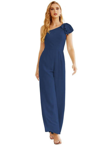 Mono largo de gasa de un solo hombro para mujer, vestido formal de noche, vestido largo de dama de honor, pantalones para fiesta de boda SEA28034 
