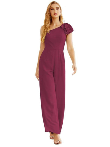 Mono largo de gasa de un solo hombro para mujer, vestido formal de noche, vestido largo de dama de honor, pantalones para fiesta de boda SEA28034 