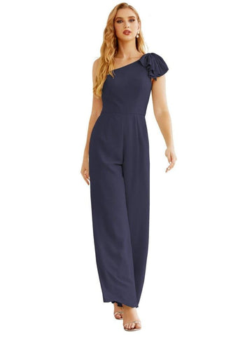 Mono largo de gasa de un solo hombro para mujer, vestido formal de noche, vestido largo de dama de honor, pantalones para fiesta de boda SEA28034 