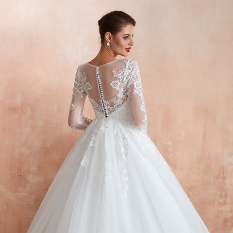 Wonderful Long A-line Appliques Tulle Wedding Dress with Sleeves