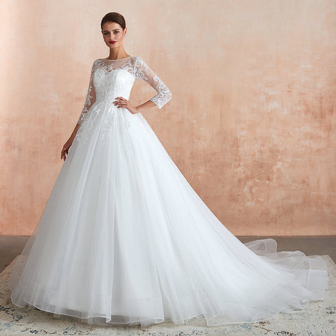 Wonderful Long A-line Appliques Tulle Wedding Dress with Sleeves
