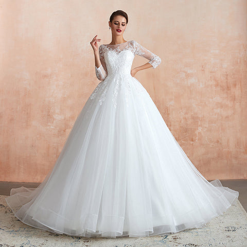 Wonderful Long A-line Appliques Tulle Wedding Dress with Sleeves