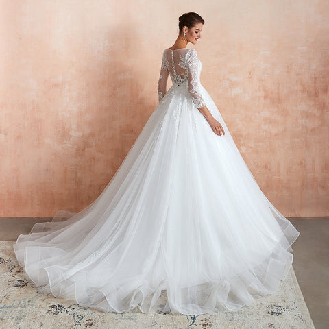 Wonderful Long A-line Appliques Tulle Wedding Dress with Sleeves