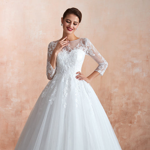 Wonderful Long A-line Appliques Tulle Wedding Dress with Sleeves