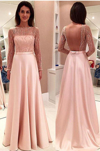 Glamorous Long Sleeve Lace A-line Stain Backless Prom Dresses Evening Dress