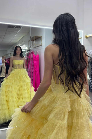 A Line Strapless Corset Glitter Tulle Prom Dress with Ruffles