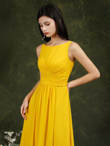 Yellow Bateau A-Line Chiffon Ruffles Split Floor-length Bridesmaid Dress With Pockets