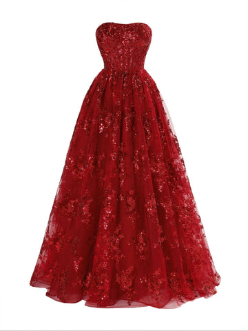 A Line Strapless Pleating Long Prom Dress With Applique